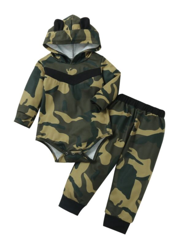 2 Pieces Baby Boy Camouflage Set Hooded Bodysuit & Trousers