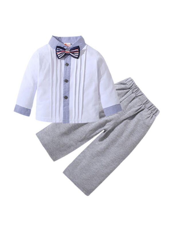 2 Pieces Little Boy Outfit Bowtie Pleated Shirt And Trousers