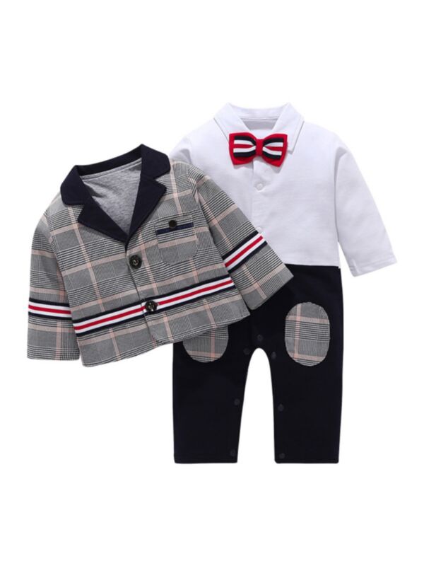 2 Pieces Baby Boy Gentleman Set Bowtie Jumpsuit Matching Plaid Coat
