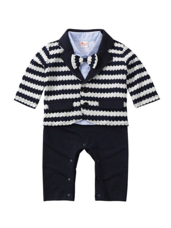 2 Pieces Baby Boy Handsome Outfit Bowtie Jumpsuit Matching Stripe Jacket