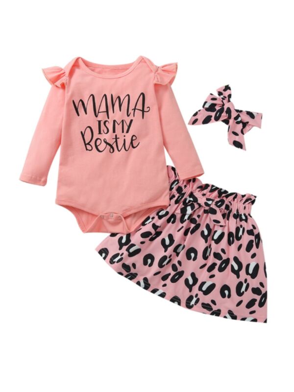 3 Pcs Baby Girl Mama Is My Bestie Set Bodysuit & Leopard Skirt & Headband