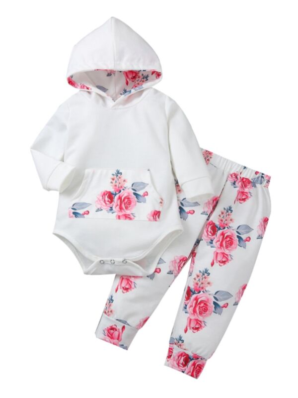 2 Pieces Baby Girl Floral Set Hoodie Bodysuit And Trousers