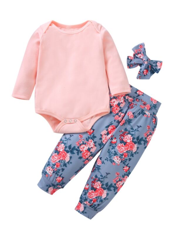 3 Pieces Baby Girl Set Pink Bodysuit & Floral Pants & Headband