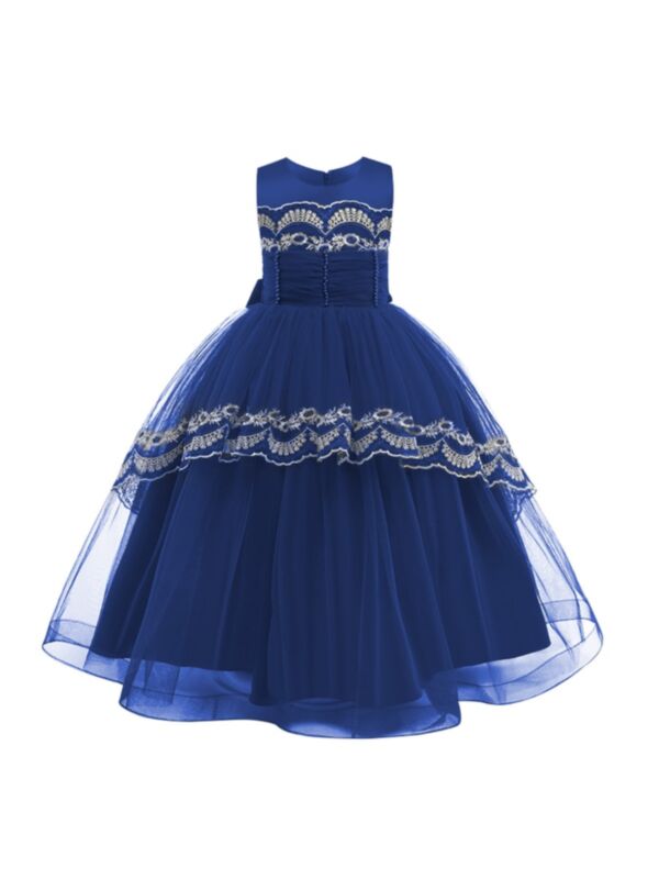 Kid Girl Party Embroidery Waves Mesh Tank Dress