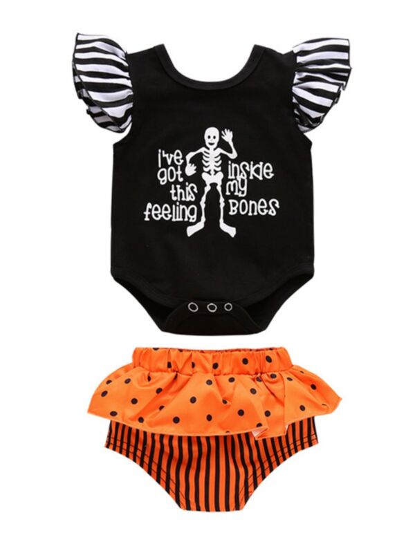 2 Pieces Baby Girl Stripe Flutter Sleeve Bodysuit And Polka Dots Shorts