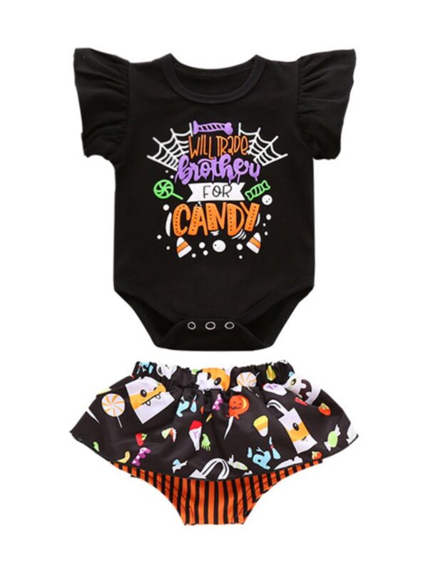 2 Pieces Baby Girl Halloween Set Flutter Sleeve Bodysuit With Shorts