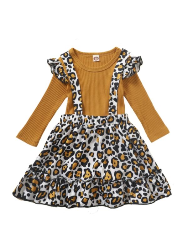 2 Pieces Kid Girl Set Ribbed Top With Leopard Suspender Skirt