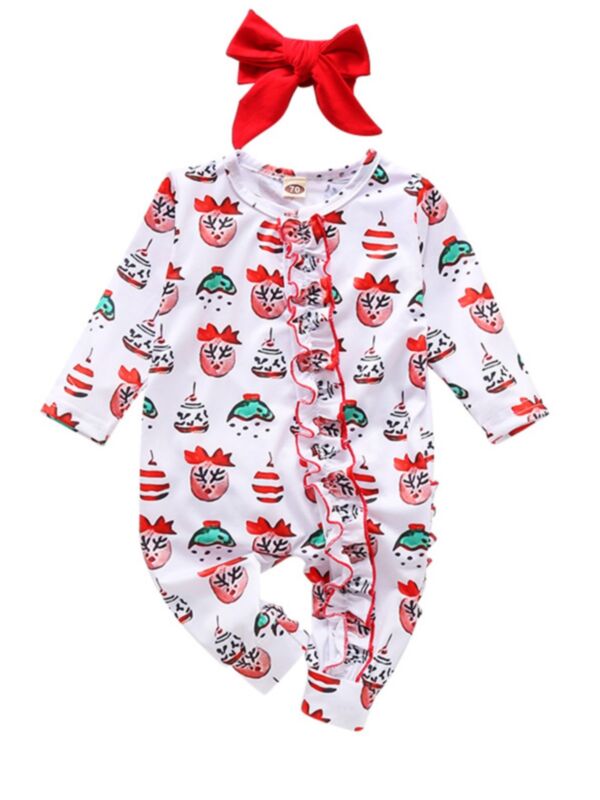2 Pieces Baby Girl Christmas Print Jumpsuit And Headband
