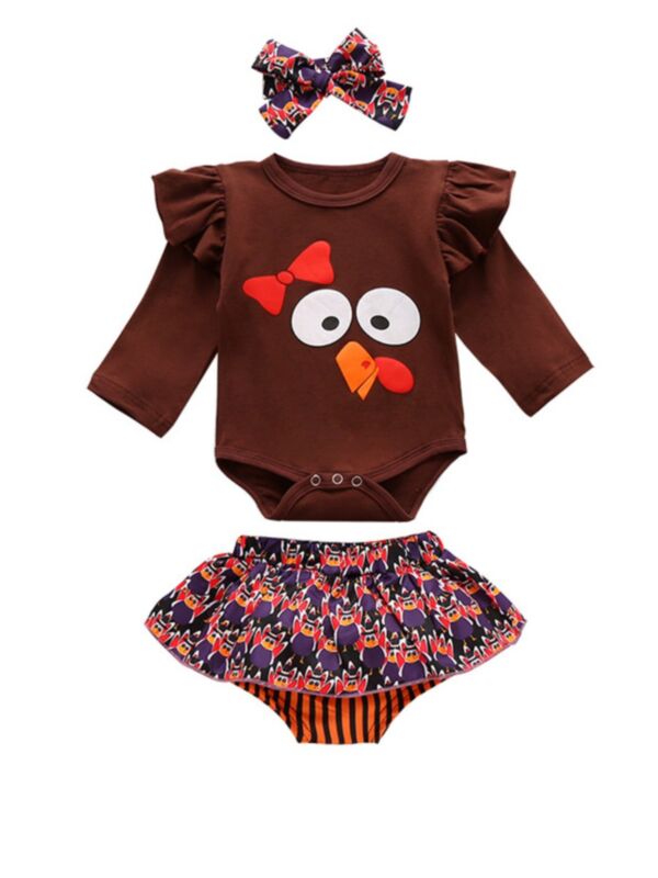 3 Pieces Baby Girl Set Ruffle Trim Bodysuit & Stripe Print Shorts & Headband