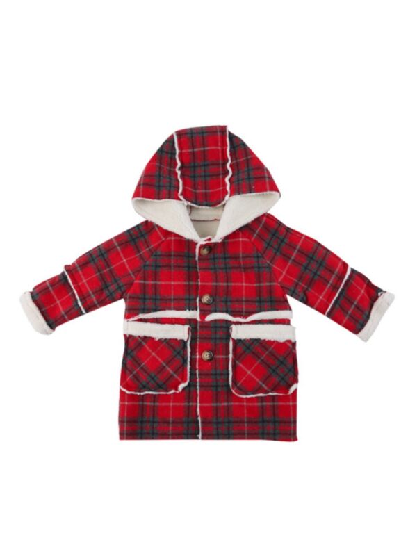 Kid Girl Pocket Front Plaid Hooded Coat