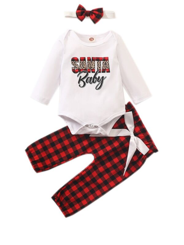 3 Pieces Baby Girl Xmas Letter Bodysuit & Plaid Bow Pants & Headband