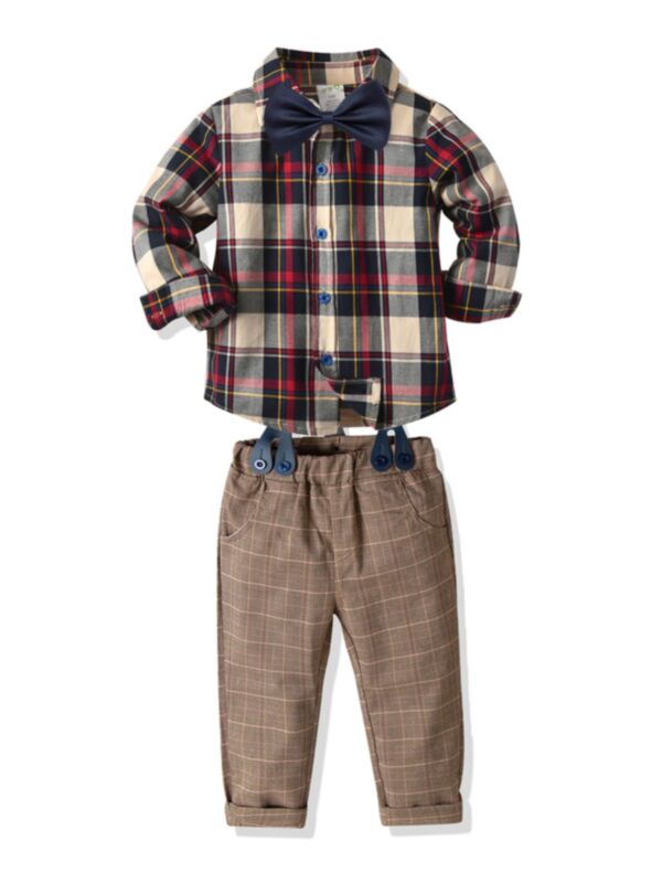 2 Pieces Kid Boy Outfit Bowtie Plaid Shirt Matching Overall Pants