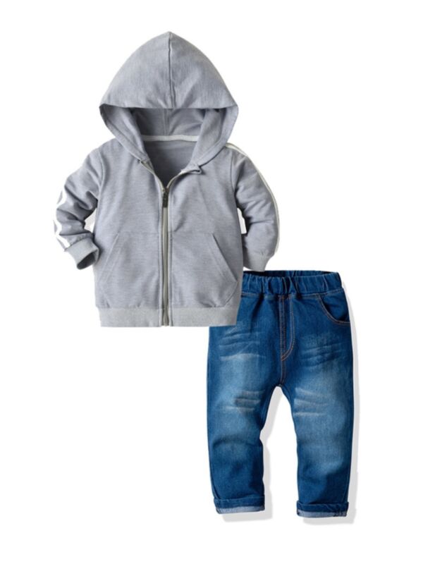 2 Pieces Kid Boy Set Gray Hoodie With Denim Trousers