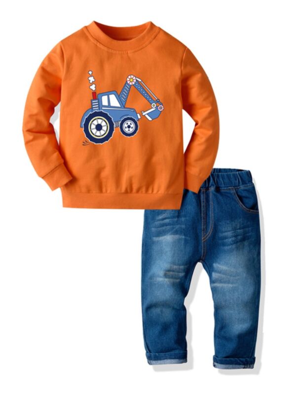 2 PCS Kid Boy Set Car Sweatshirt Matching Jeans