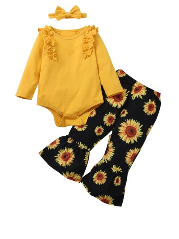 3 Pieces Baby Girl Set  Yellow Bodysuit & Sunflowers Flared Pants & Headband