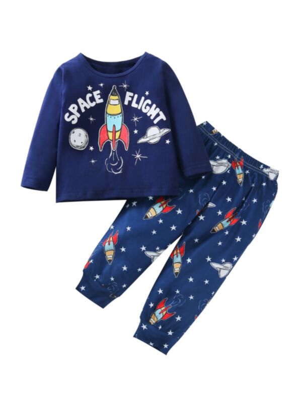 2 Pieces Baby Boy Space Flight Pajamas Set Print Top And Trousers