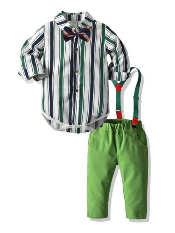 2 Pieces Baby Boy Set Bowtie Stripe Bodysuit And Overall Trousers