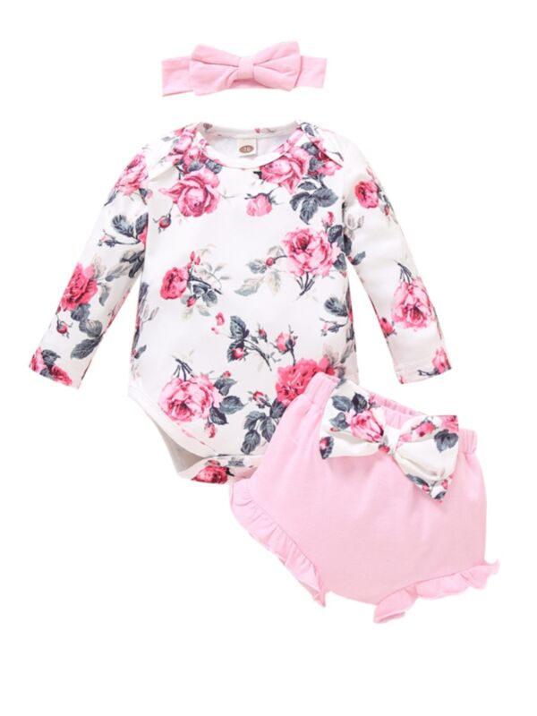 3 Pieces Baby Girl Daisy Flower Set Bodysuit & Bowkot Shorts &Headband