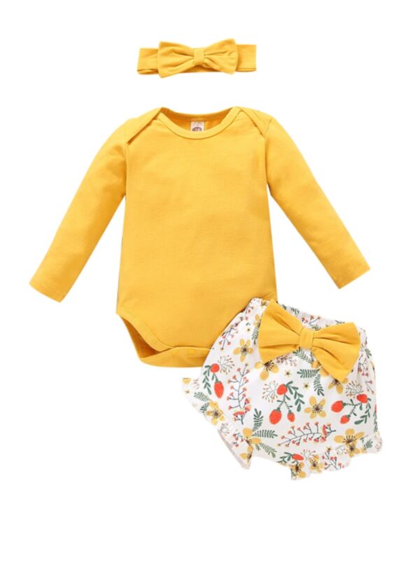 3 Pieces Baby Girl Yellow Set Bodysuit & Floral Shorts & Headband