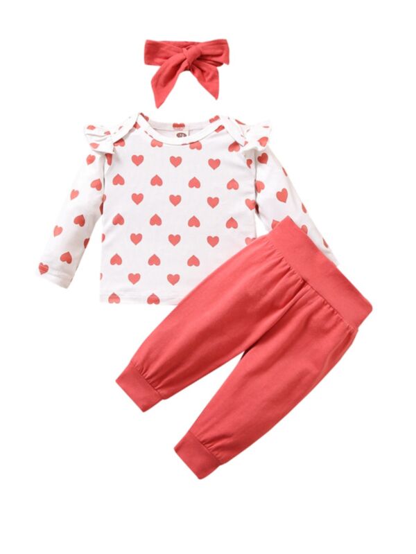 3 Pieces Baby Girl Love Heart Top & Red Pants & Headband Set