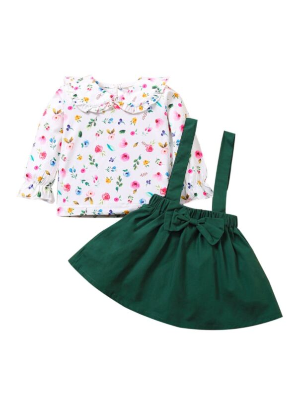 2 Pieces Toddler Girl Outfit Floral Top With Suspender Skirt 