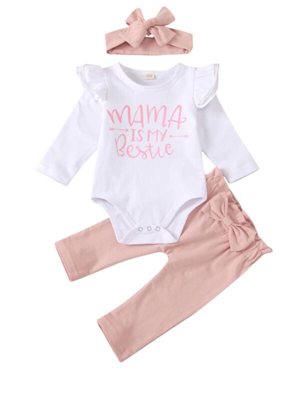 3 Pieces Baby Girl Mama is My Bestie Set White Bodysuit & Bow Pink Trousers & Headband