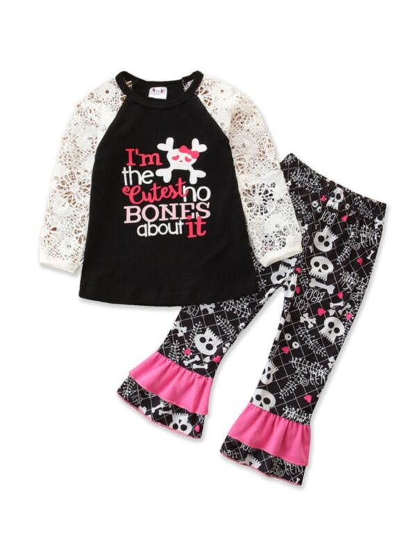 2 Pieces Kid Girl Halloween Set Hollow Sleeve Letters Top With Flared Pants