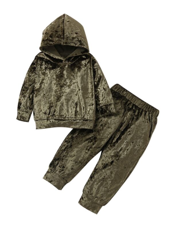 2 Pieces Baby Velvet Army Green Set Hoodie And Trousers