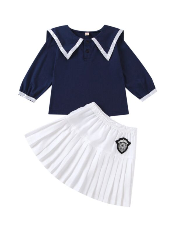 2 Pieces Kid Girl School Uniform Set Contrast Collar Top With Pleated Skirt