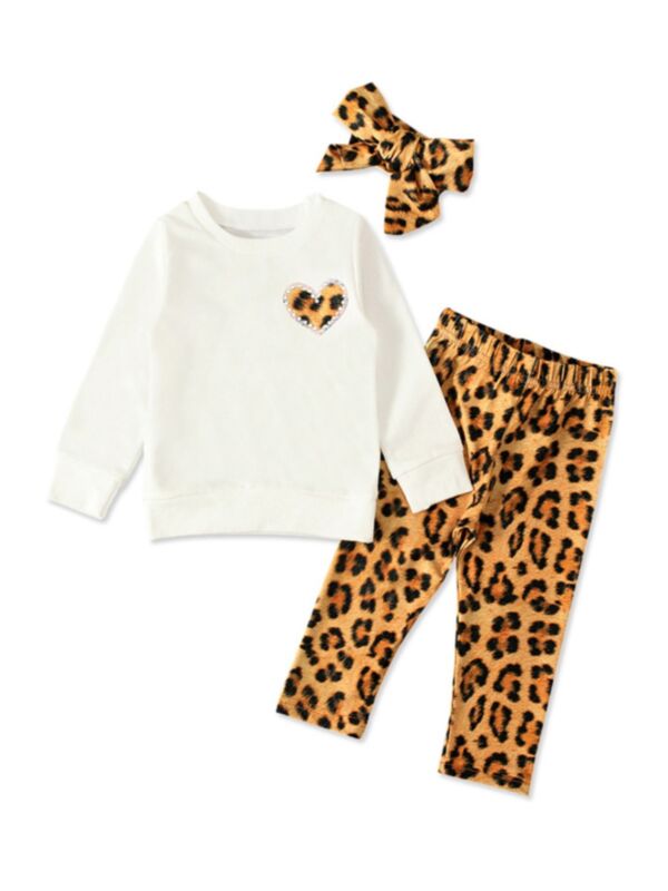 3 Pieces Infant Toddler Girl Set Love Heart Top & Leopard Pants & Headband