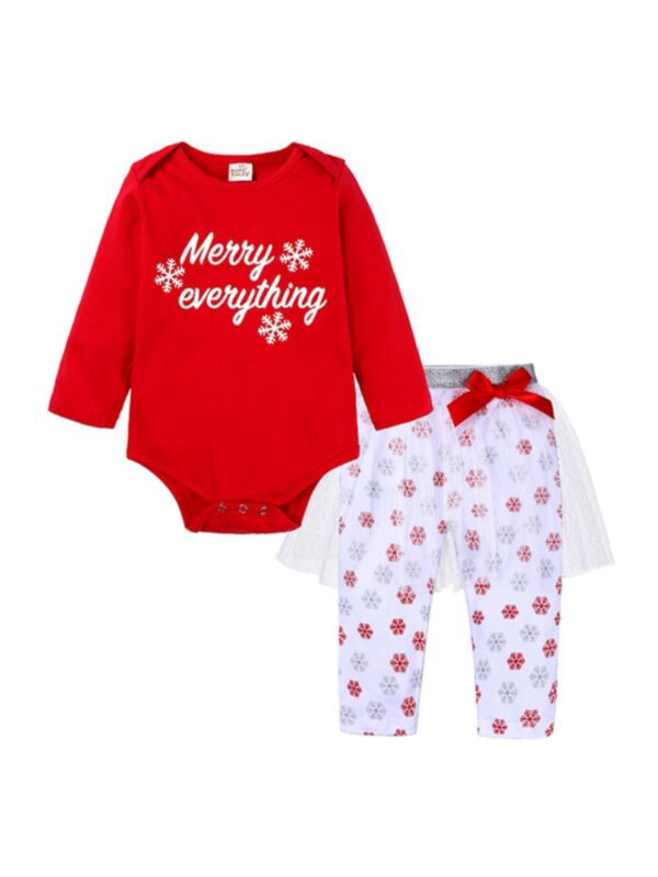 2 Pieces Baby Girl Merry Christmas Set Snowflake Bodysuit & Mesh Pantskirt