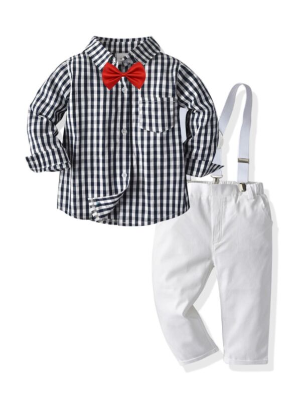 2 Pieces Kid Boy Gentleman Outfit Bowtie Checked Shirt & White Overall Trousers
