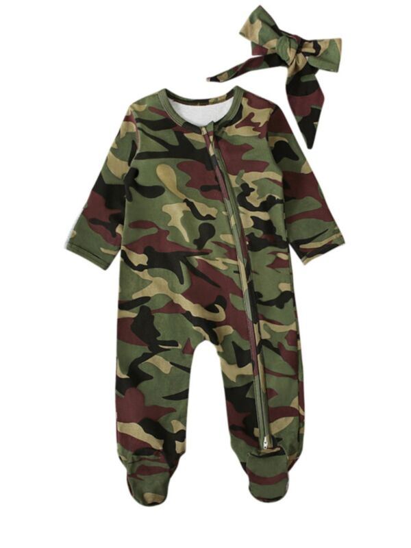 2 Pieces Infant Boy Camouflage Footed Jumpsuit & Headband