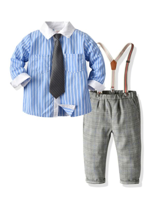 3 Pieces Kid Boy Gentleman Set Stripe Shirt & Plaid Suspender Pants & Tie