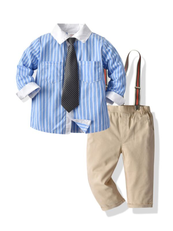 2 Pieces Kid Boy Outfit Bow Tie Stripe Shirt & Overall Pants