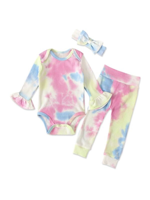3 Pieces Baby Girl Tie Dye Set Flared Sleeve Ribbed Bodysuit & Trousers & Headband