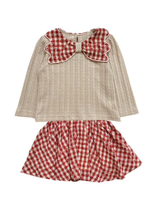 2 Pieces Kid Girl Outfit Bow Pullover And Plaid Skirt
