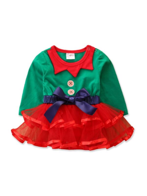 Baby Girl Christmas Patchwork Mesh Dress Bodysuit