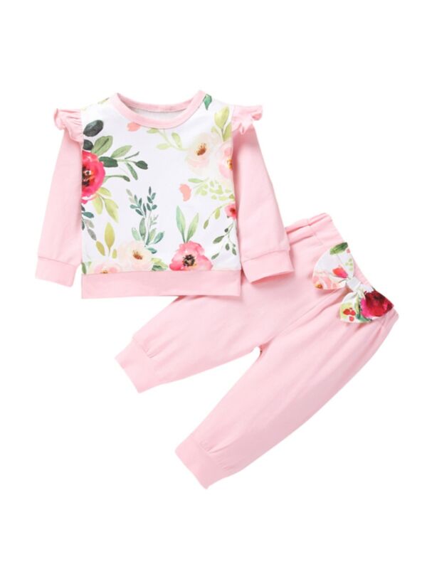 2 Pieces Baby Girl Flower Set Flutter Sleeve & Bow Pants In Pink