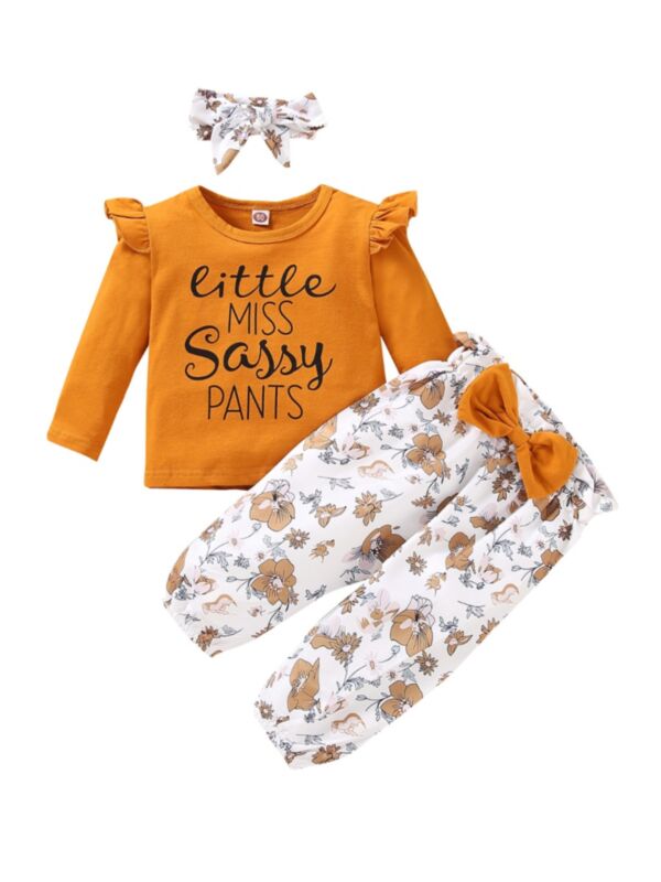 3 Pieces Toddler Girl Little Miss Sassy Pants Top & Floral Trousers & Headband Set