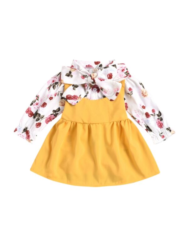 2 Pieces Kid Girl Floral Blouse & Overall Dress Set