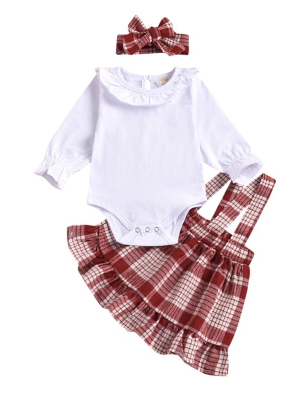 3 Pieces Baby Girl White Bodysuit & Plaid Ruffle Hem Suspender Skirt & Headband