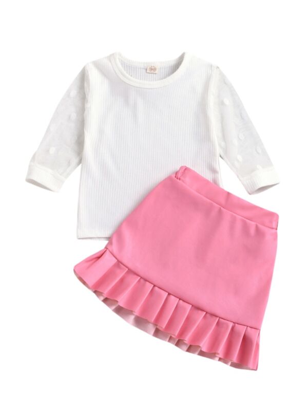 2 PCS Kid Girl Polka Dot Mesh Sleeve Tee & Frill Hem PU Skirt