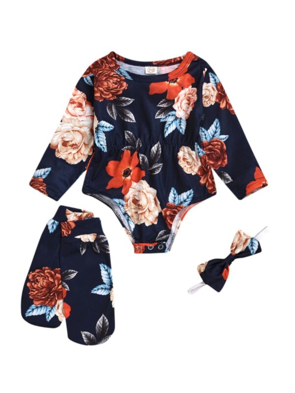 3-Pieces Baby Girl Floral Bodysuit & Socks & Headband