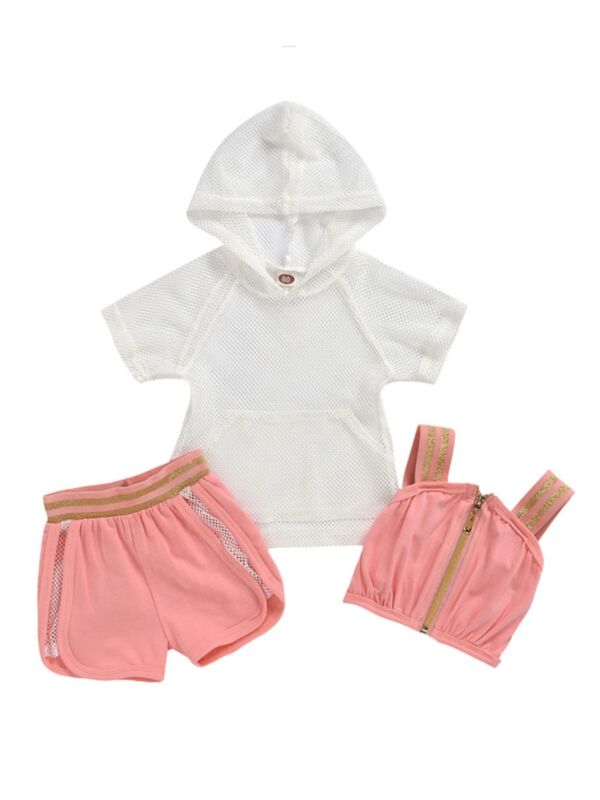 3 Pieces Kid Girl Set Strappy Top & Fishing Net Hoodie & Shorts