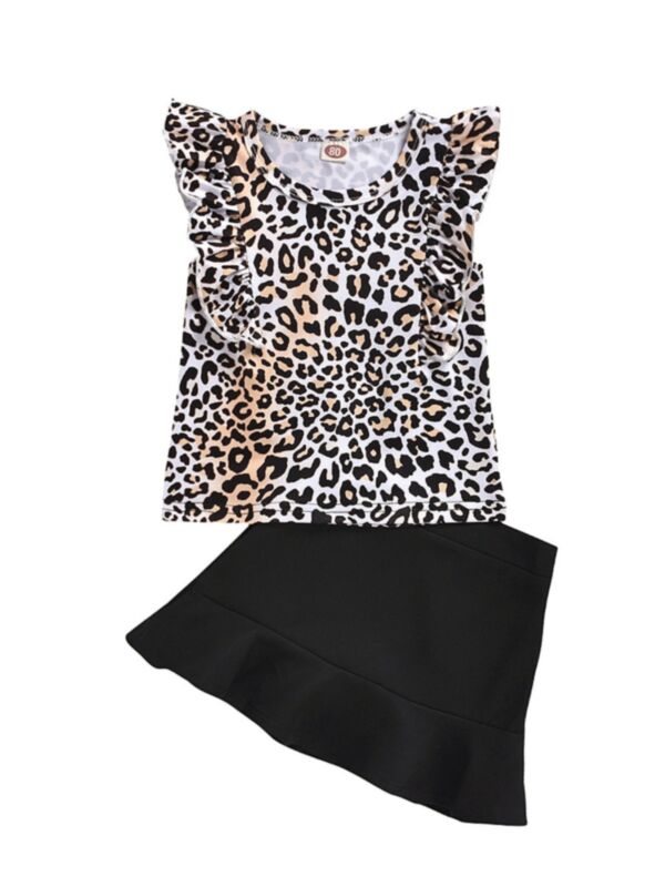 2 Pieces Kid Girl Leopard Sleeveless Top & Ruffle Hem Skirt Set 