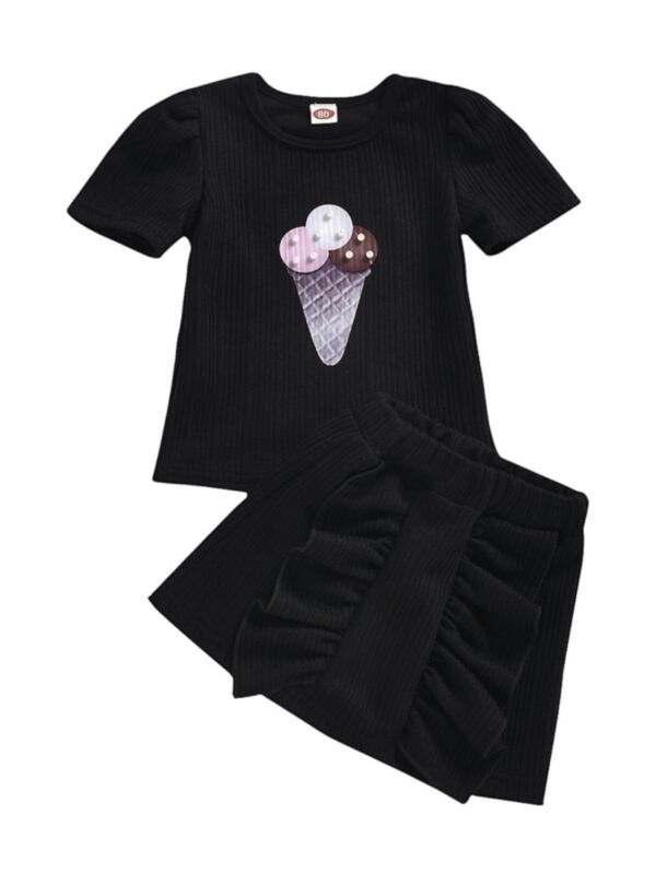 2 Pieces Kid Girl Ice Cream Beaded Rib Tee & Ruffle Trim Skirt Set