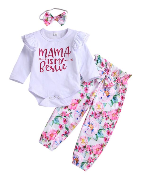 3 Pieces Baby Girl Set Letter Bodysuit & Floral Trousers & Headband