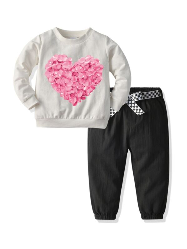 2 Pieces Kid Girl Love Heart Sweatshirt & Belted Pants Set