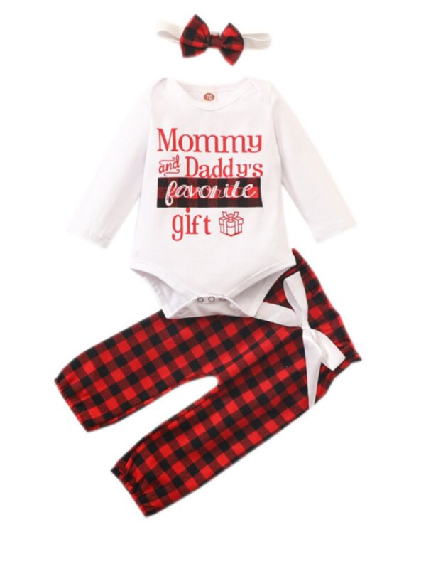 3 Pieces Baby Girl Christmas Set Letter Bodysuit & Bow Plaid Pants & Headband
